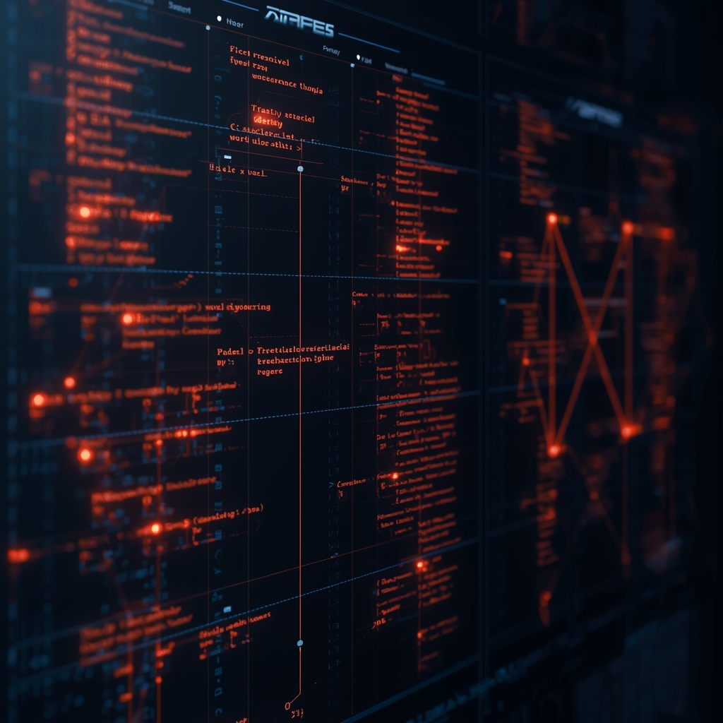 Abstract visualization of machine learning model training, glowing data nodes and decision tree diagrams, dark tech background, no people